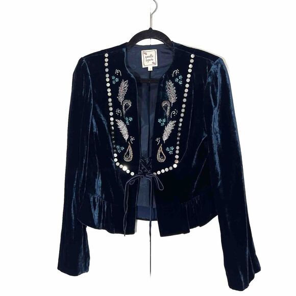 Nanett Lepore Jacket Women’s 4 Velvet Turquoise Blue Beaded Lace Up Goth Fairy - Picture 1 of 8